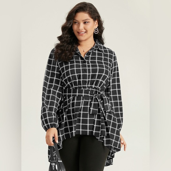 Size 18 - 20 2x Plaid Button Up Belted High Low Hem Blouse by BloomChic - Picture 3 of 8